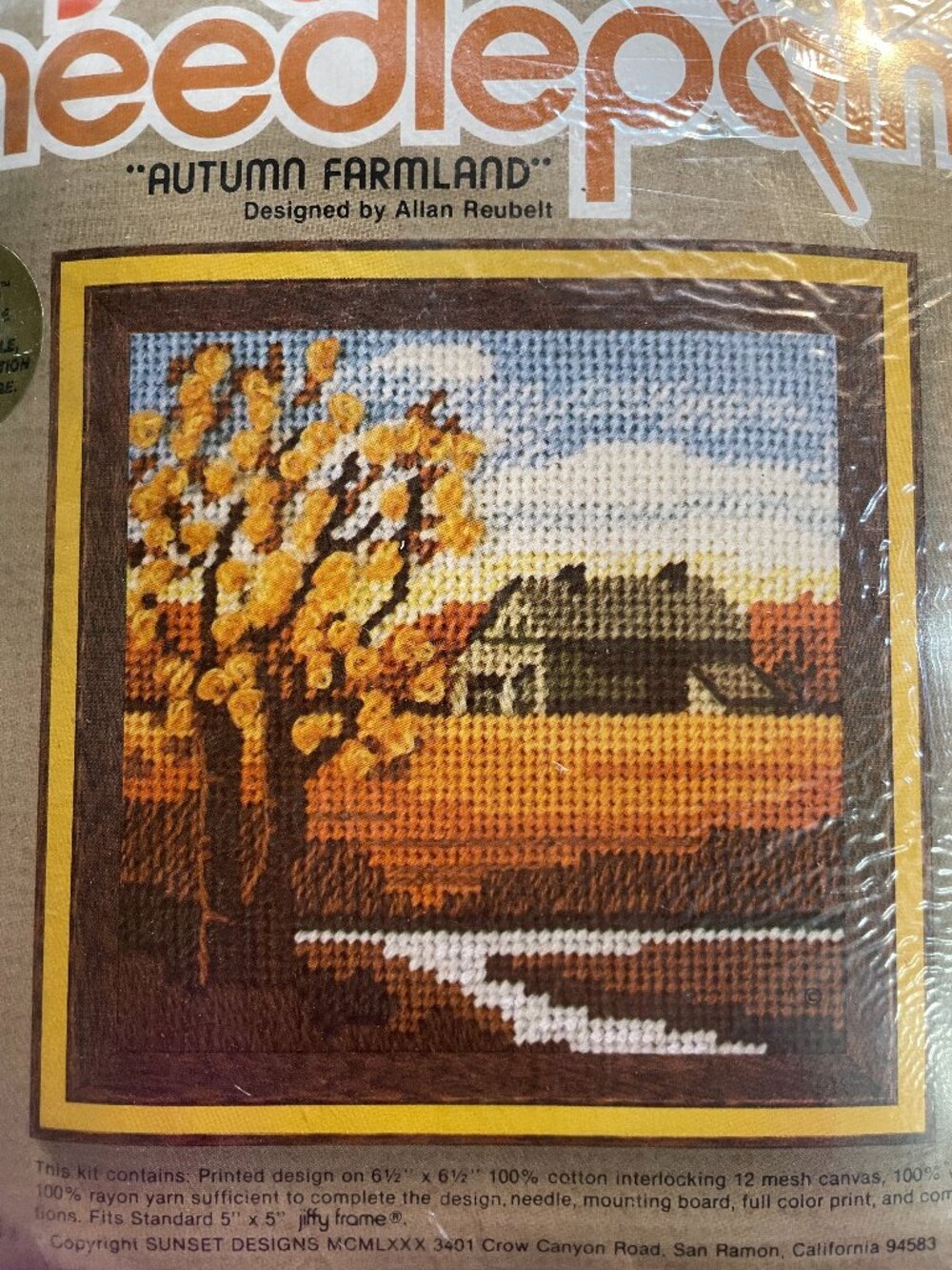 Vintage Jiffy Needlepoint Kit 5147 Autumn Farmland 5x5 Farm Sunset Designs New
